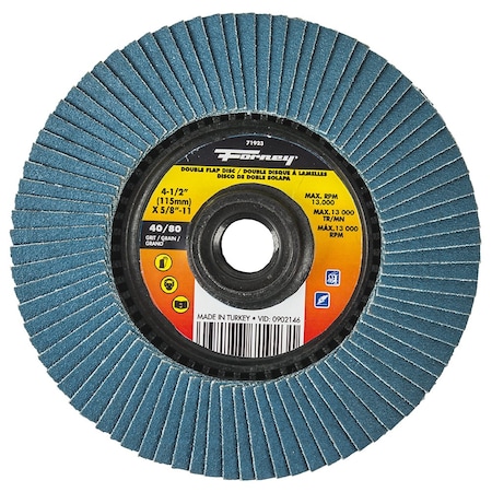 Forney Double Sided Flap Disc, 40/80 Grits, 4-1/2 in 71923